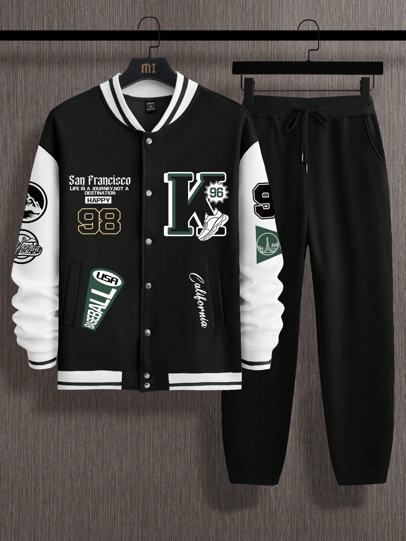 Manfinity EMRG Men's Color Block Text Pattern Print Jacket And Sweatpants Two-piece Set