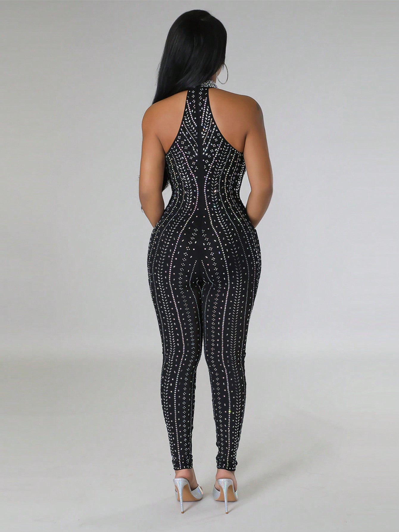 Rhinestone Detail Cut Out Front Halter Neck Backless Unitard Jumpsuit