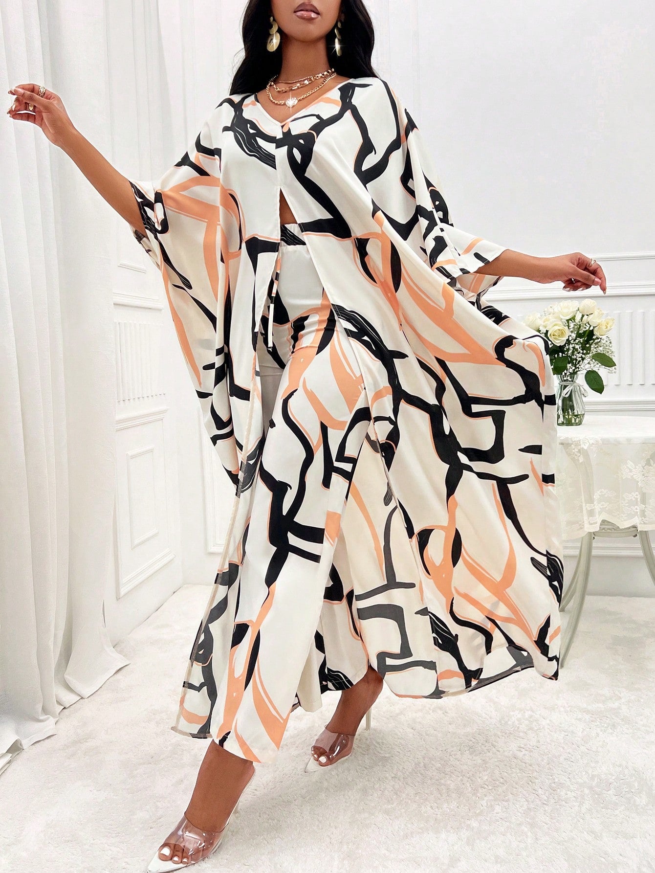 Lady Allover Print Batwing Sleeve Dress & Pants