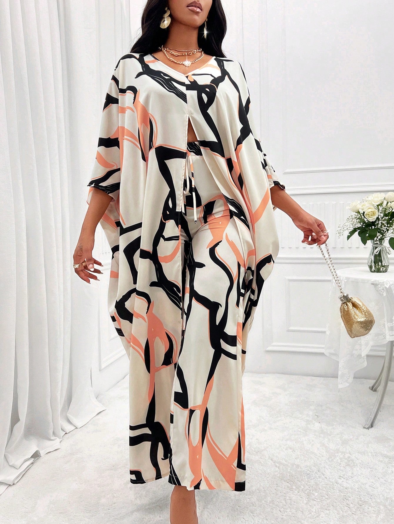 Lady Allover Print Batwing Sleeve Dress & Pants