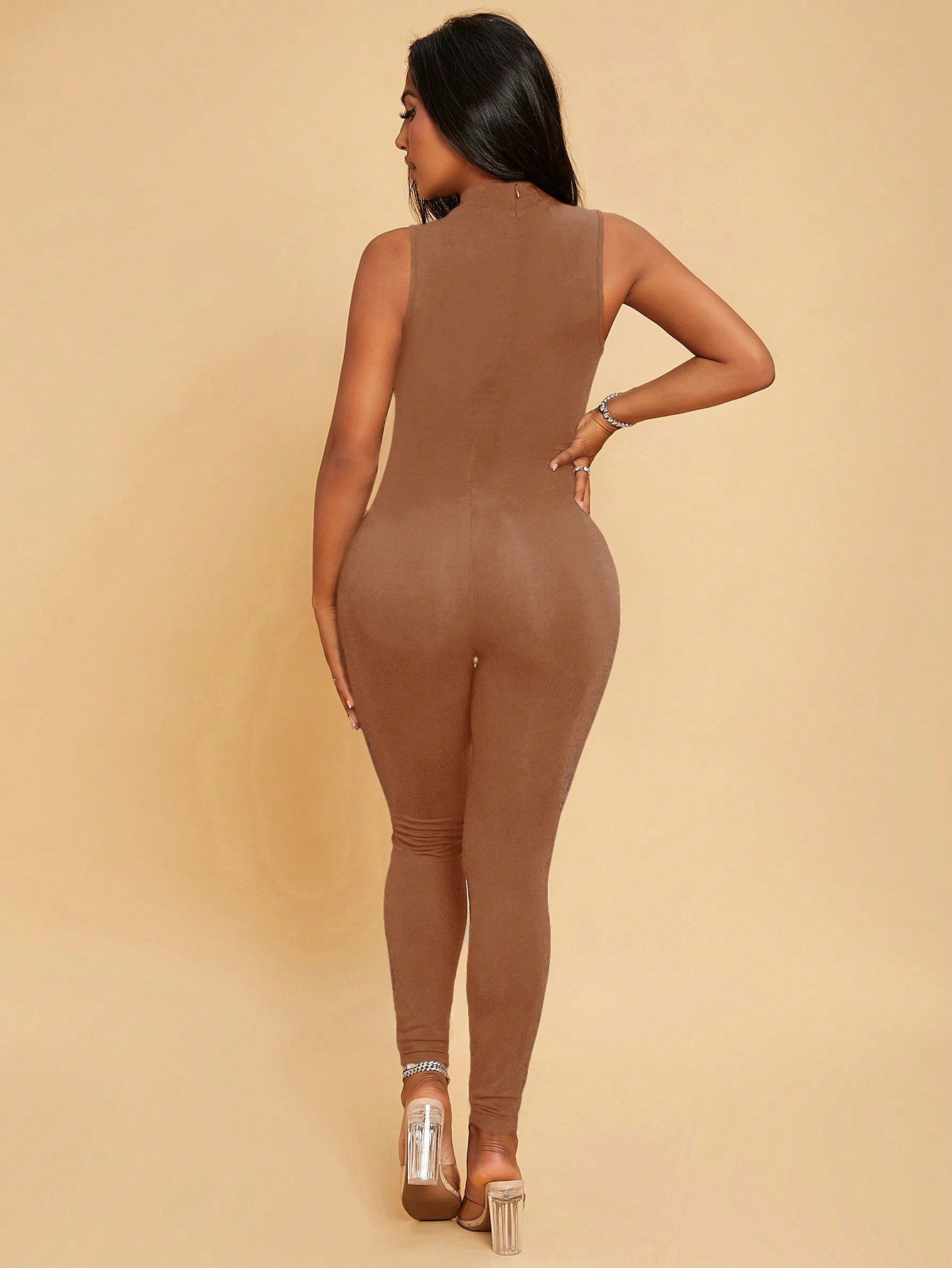 SXY Solid Mock Neck Unitard Jumpsuit