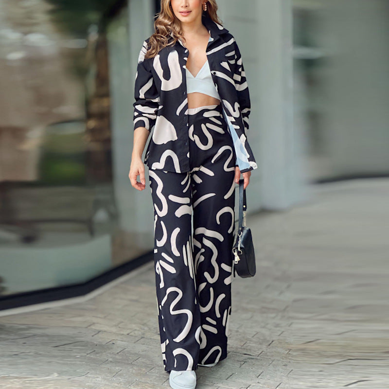 Women's autumn and winter new long-sleeved printed shirt high-waisted trousers fashion suit women