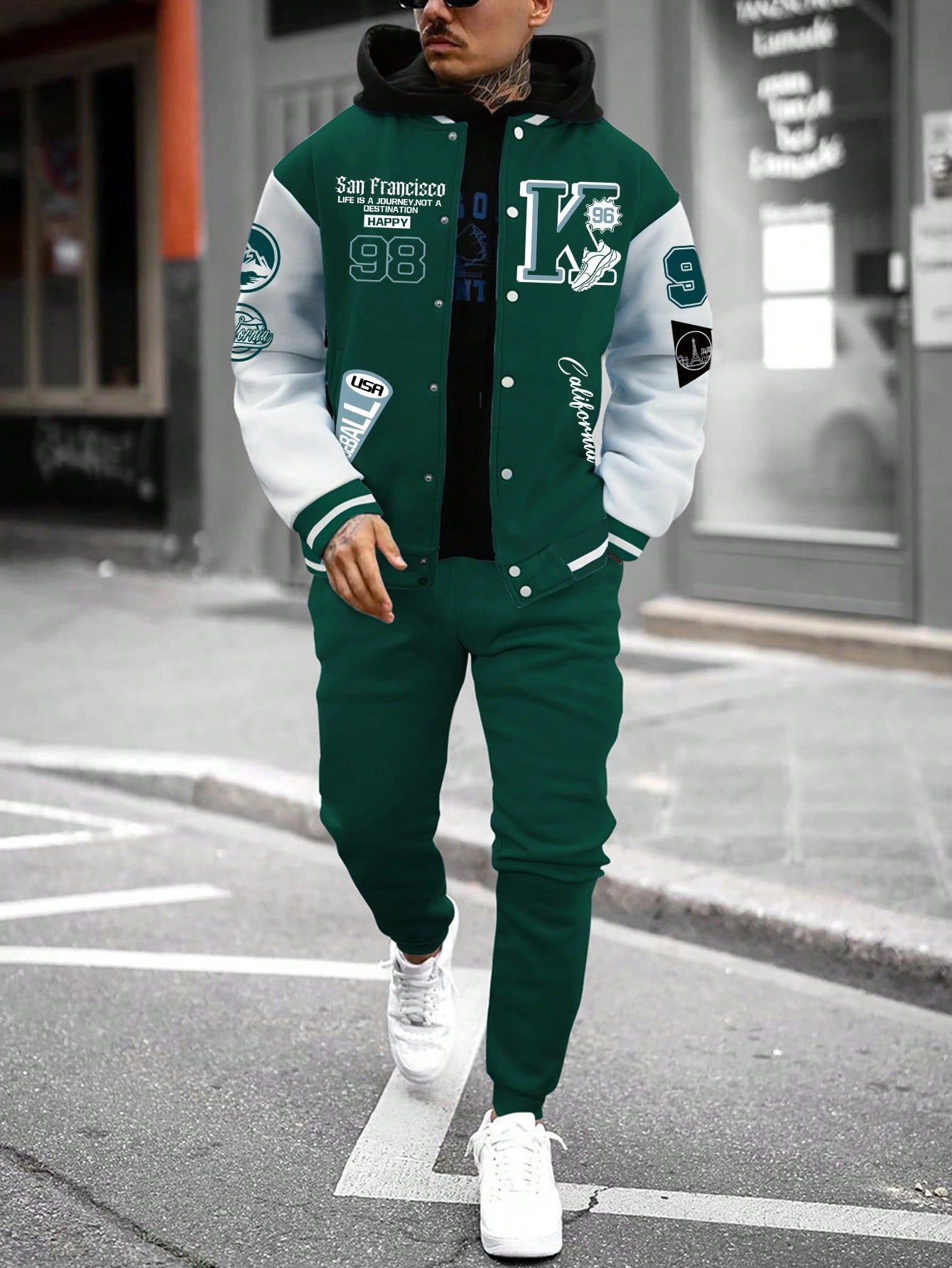 Manfinity EMRG Men's Color Block Text Pattern Print Jacket And Sweatpants Two-piece Set