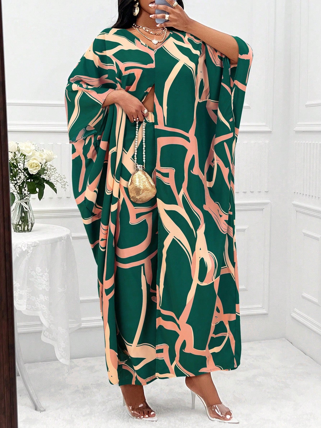 Lady Allover Print Batwing Sleeve Dress & Pants