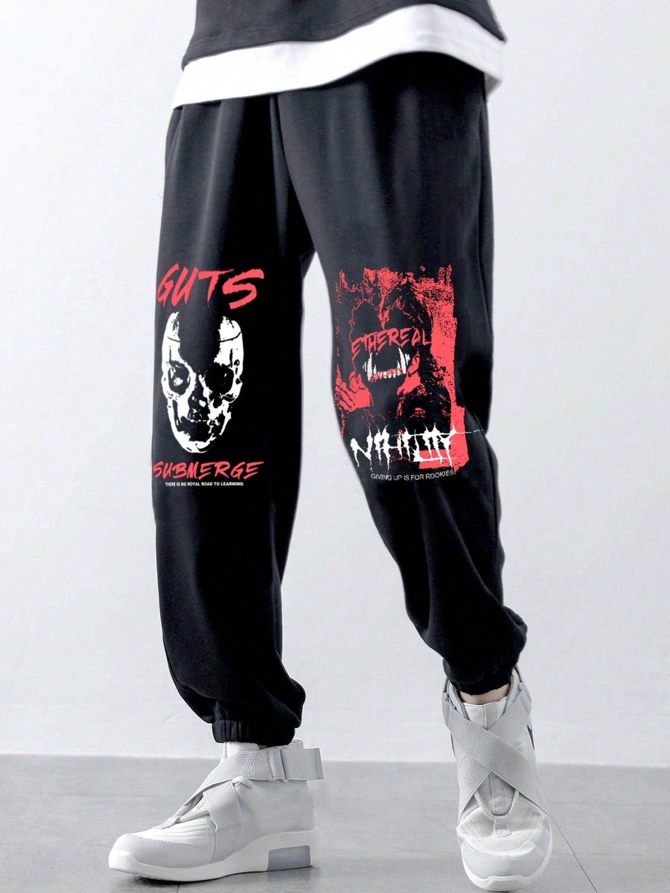 ROMWE Grunge Punk Men's Skull And Text Print Drawstring Jogger Pants