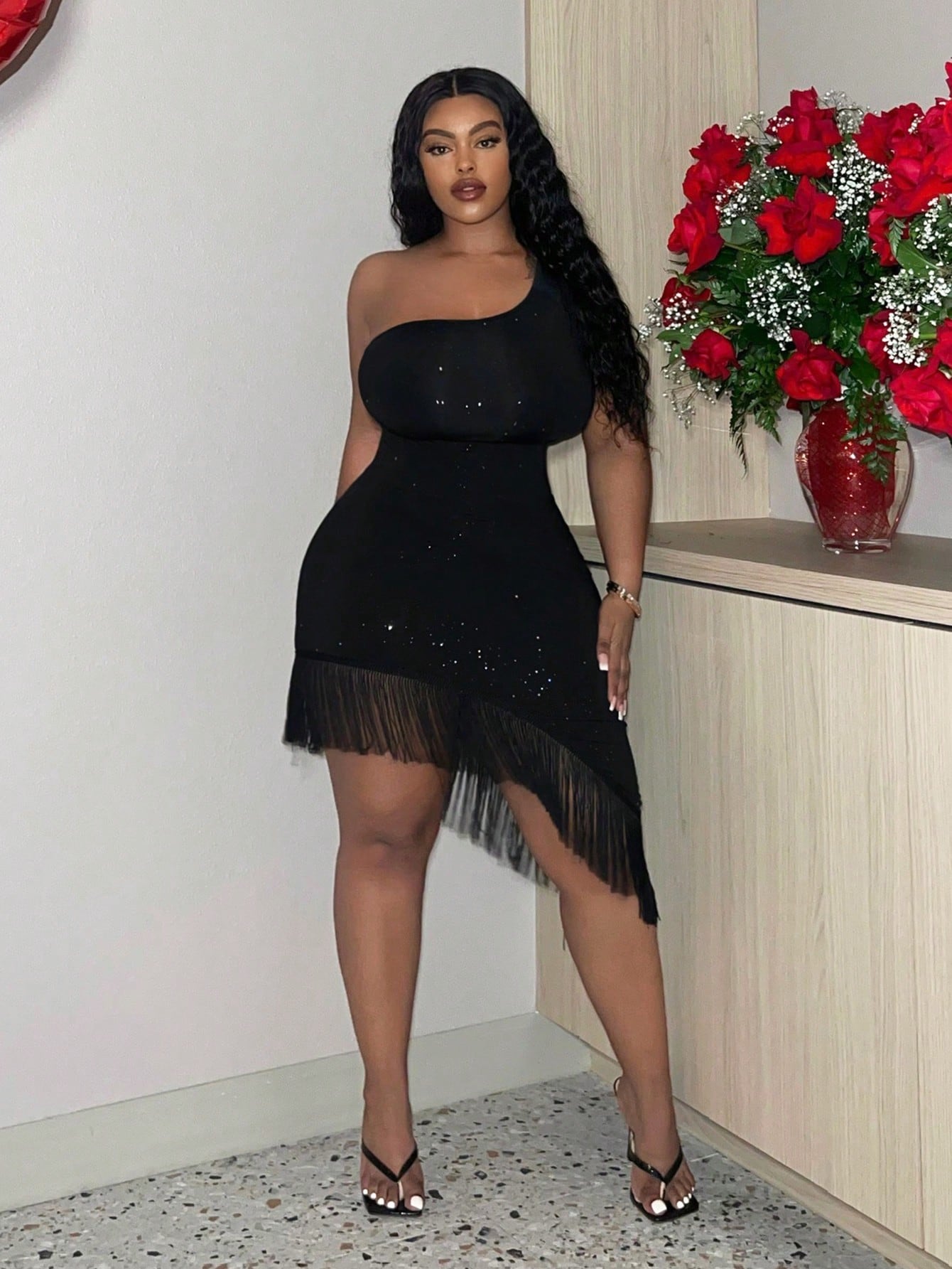 Slayr One Shoulder Fringe Splice Plus Size Bodycon Dress