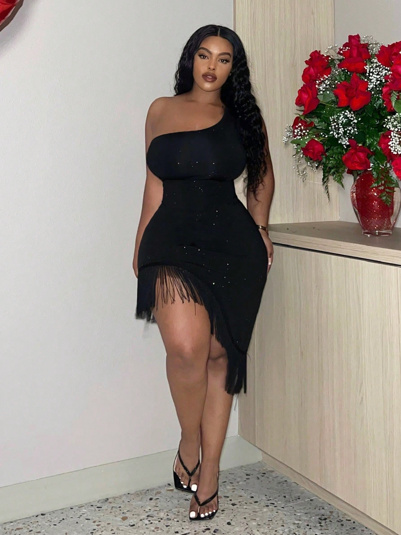 Slayr One Shoulder Fringe Splice Plus Size Bodycon Dress