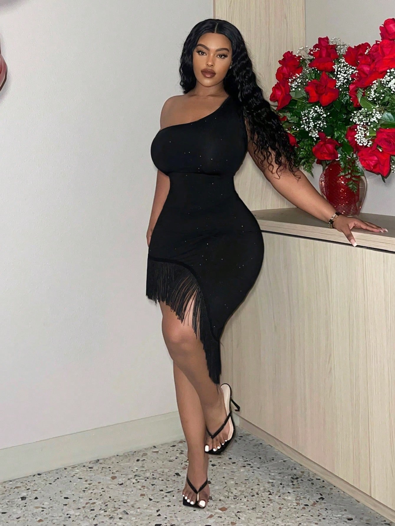 Slayr One Shoulder Fringe Splice Plus Size Bodycon Dress