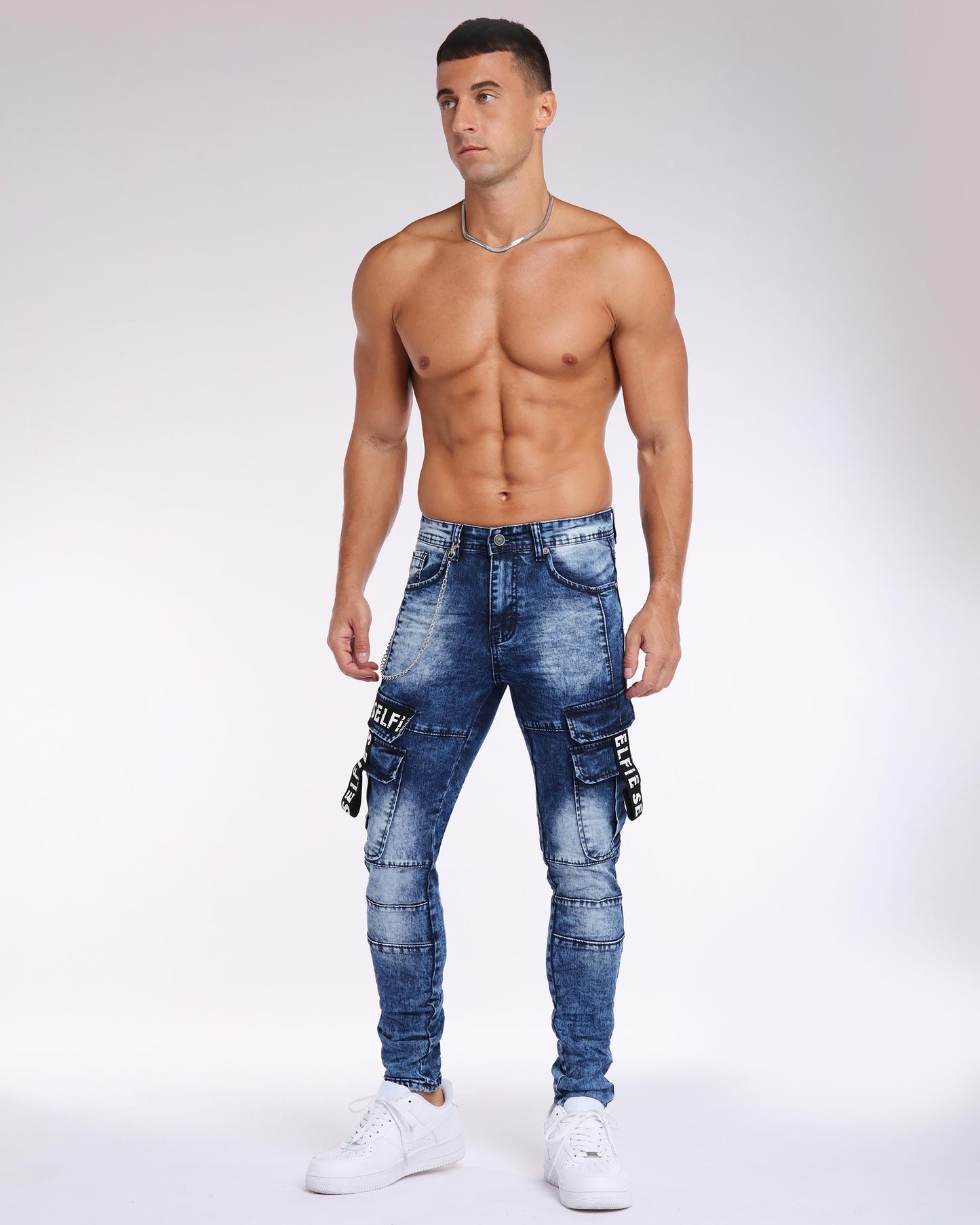 Printed Webbing Workwear Slim Fit Blue Jeans