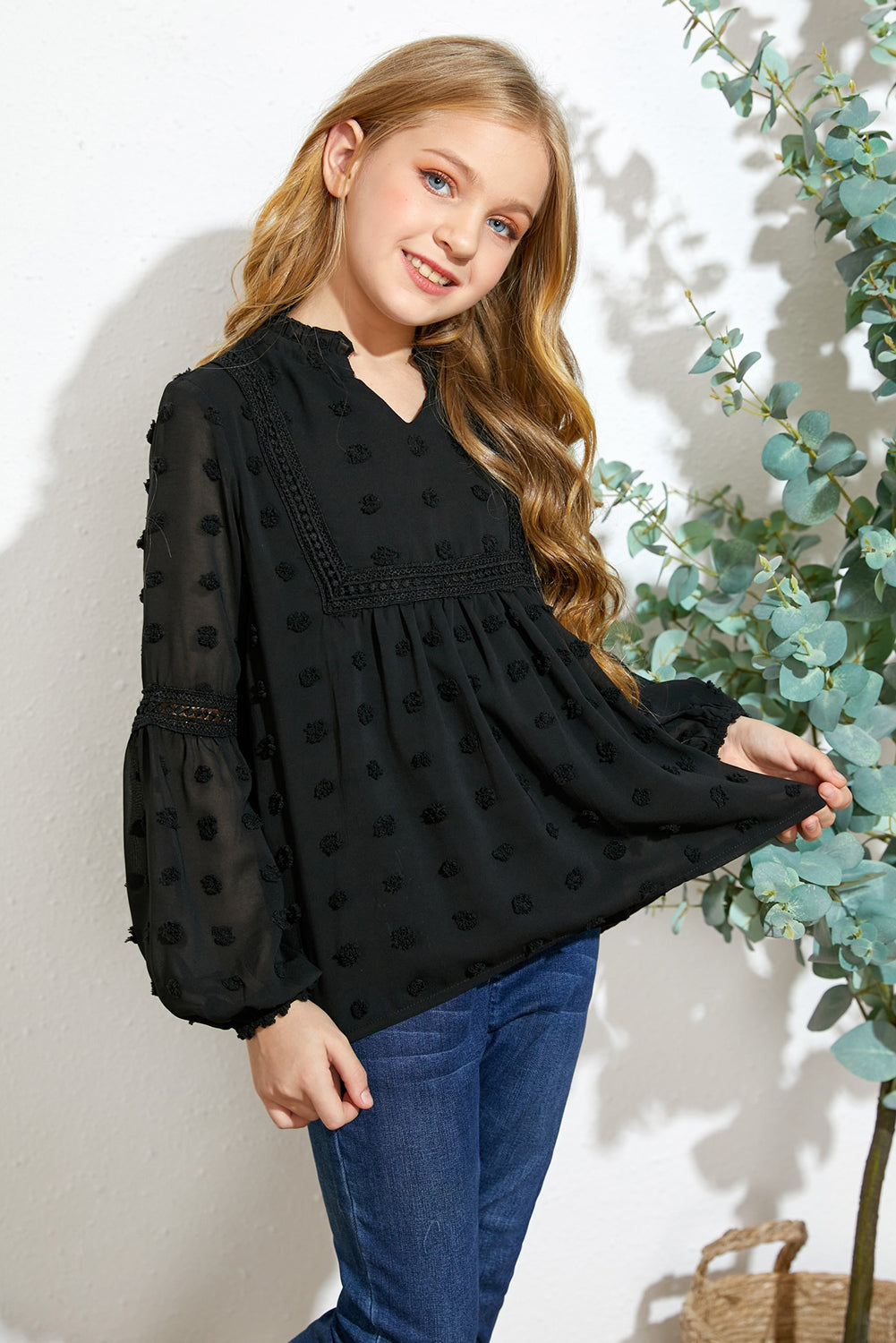 Black Split Neck Swiss Dot Little Girls' Blouse-2