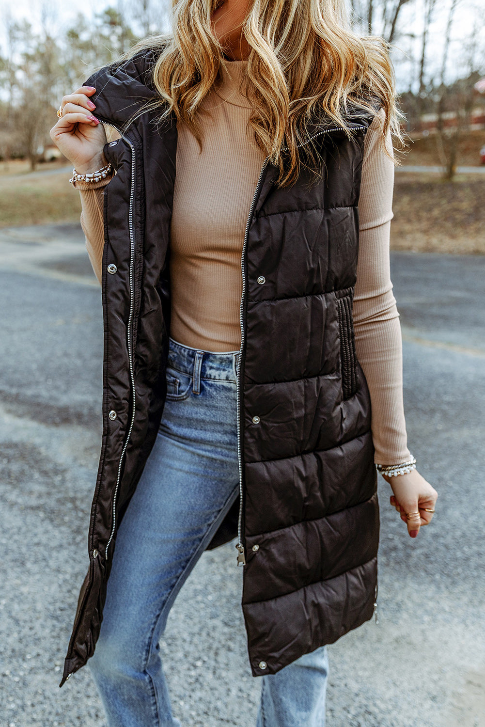 Black Hooded Long Quilted Vest Coat-0