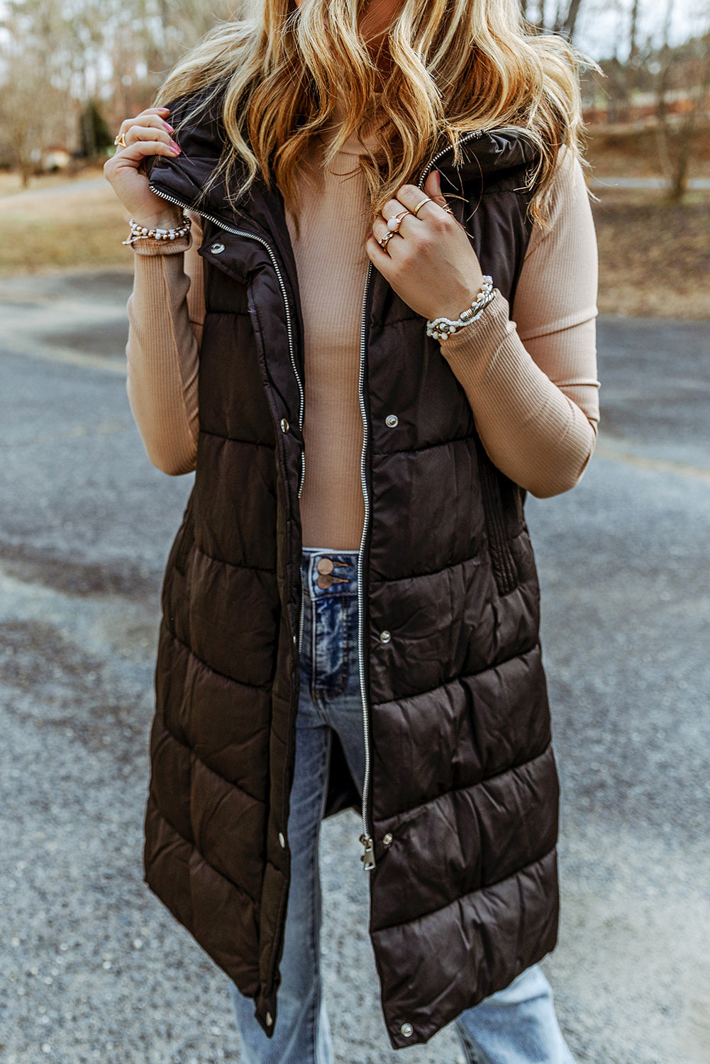 Black Hooded Long Quilted Vest Coat-3