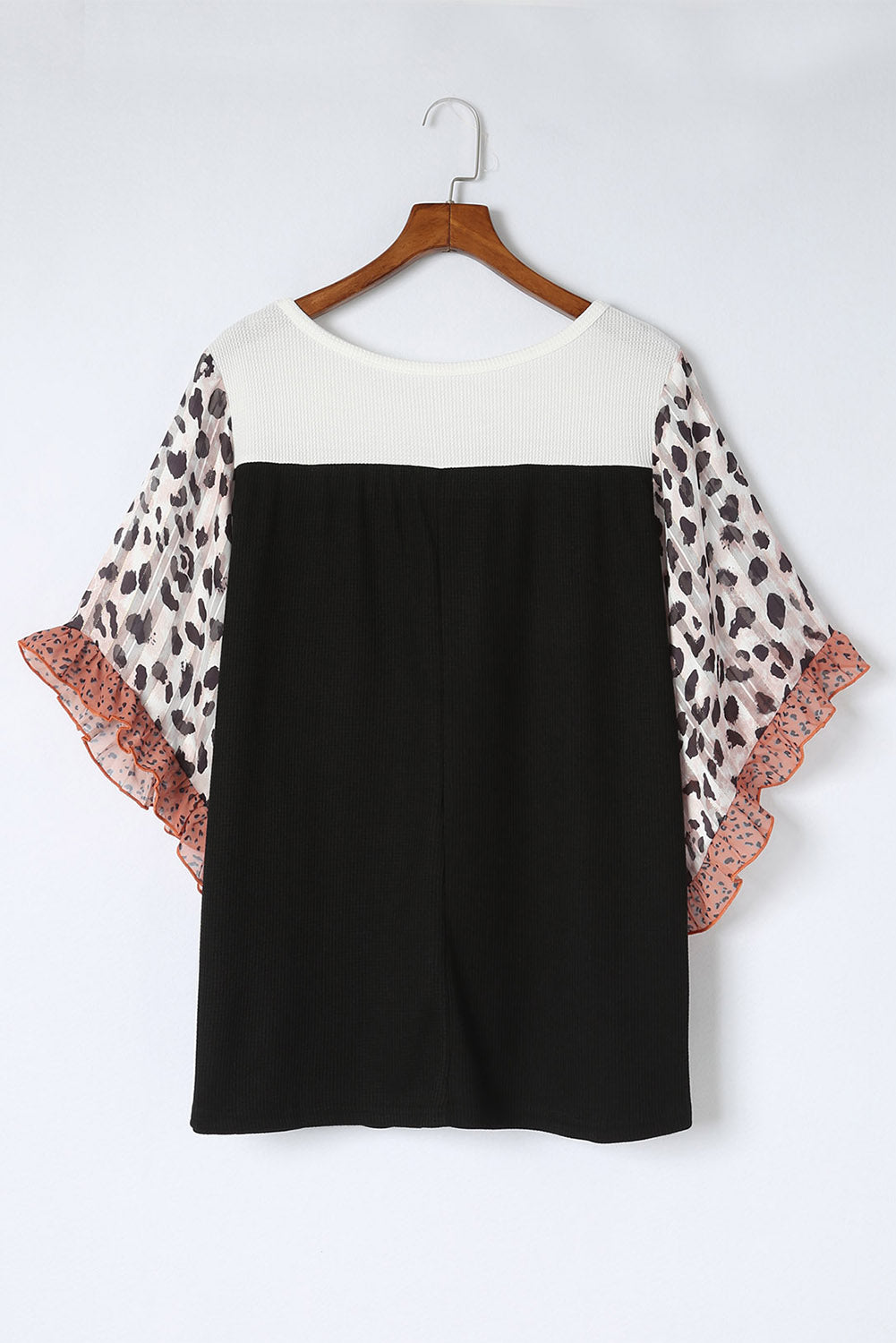 Black Waffle Knit Animal Print Ruffle Sleeves Plus Size Top-7