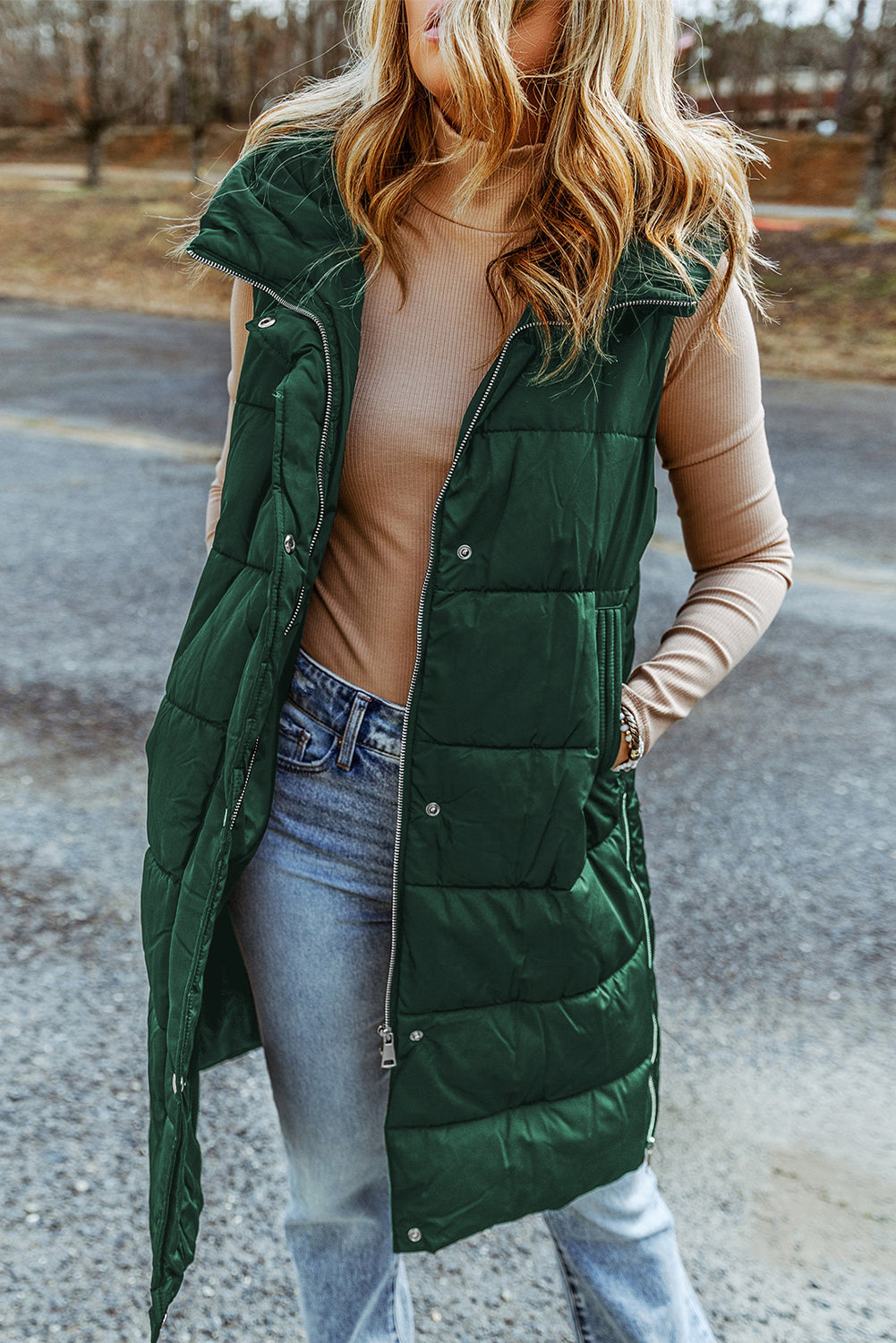 Green Hooded Long Quilted Vest Coat-3