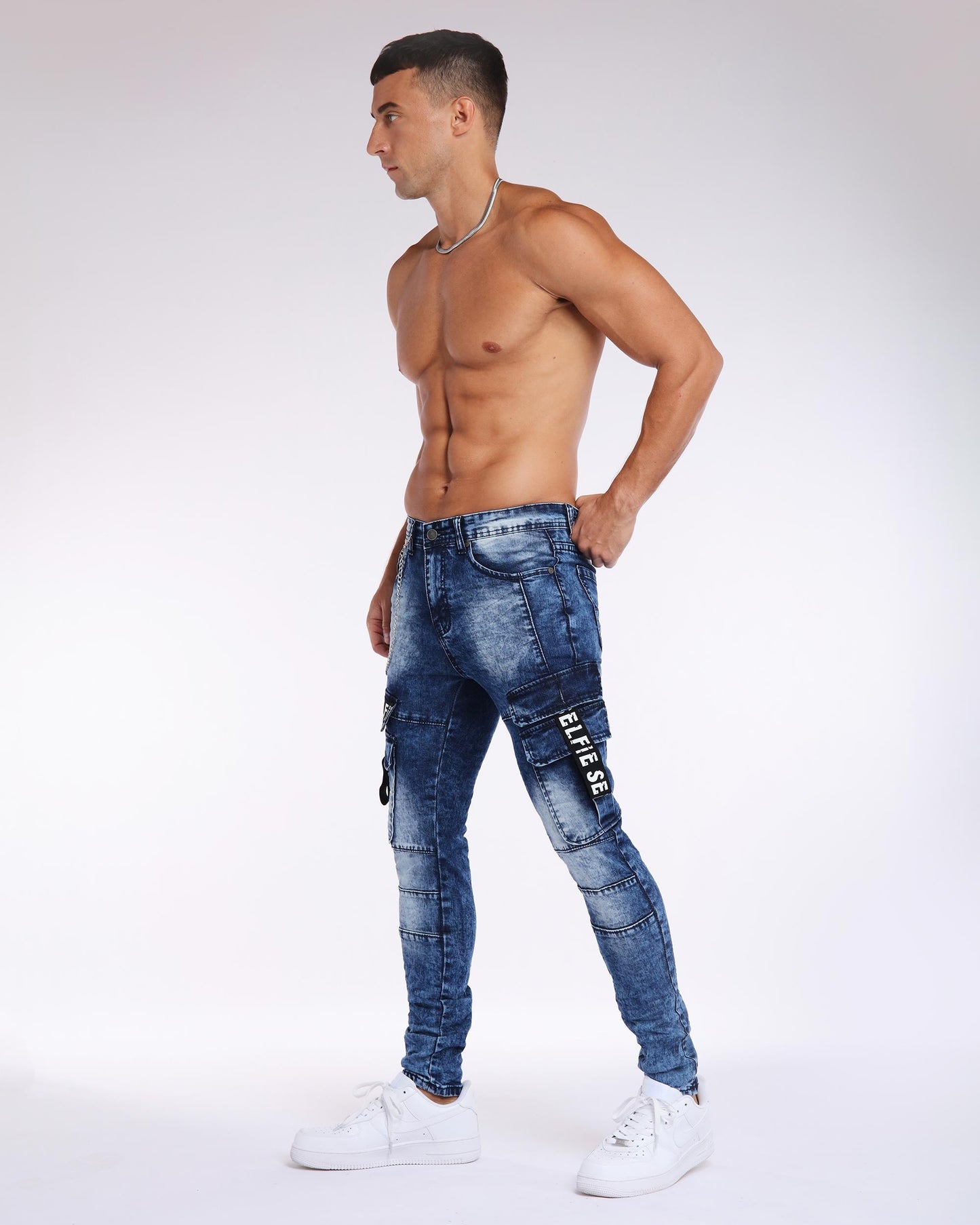 Printed Webbing Workwear Slim Fit Blue Jeans