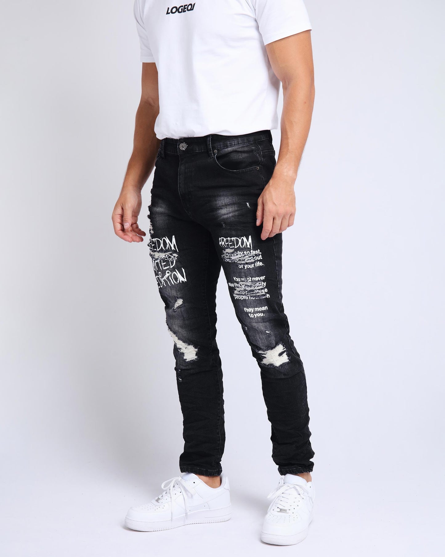 Gothic Graffiti Slim Fit Ripped Black Jeans