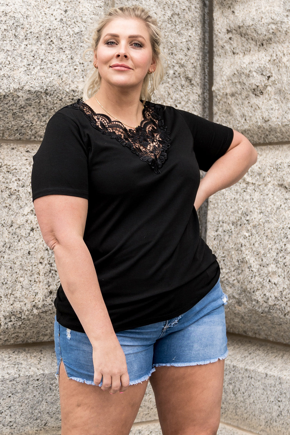 Black Plus Size Crochet Stitching Short Sleeve Top-7