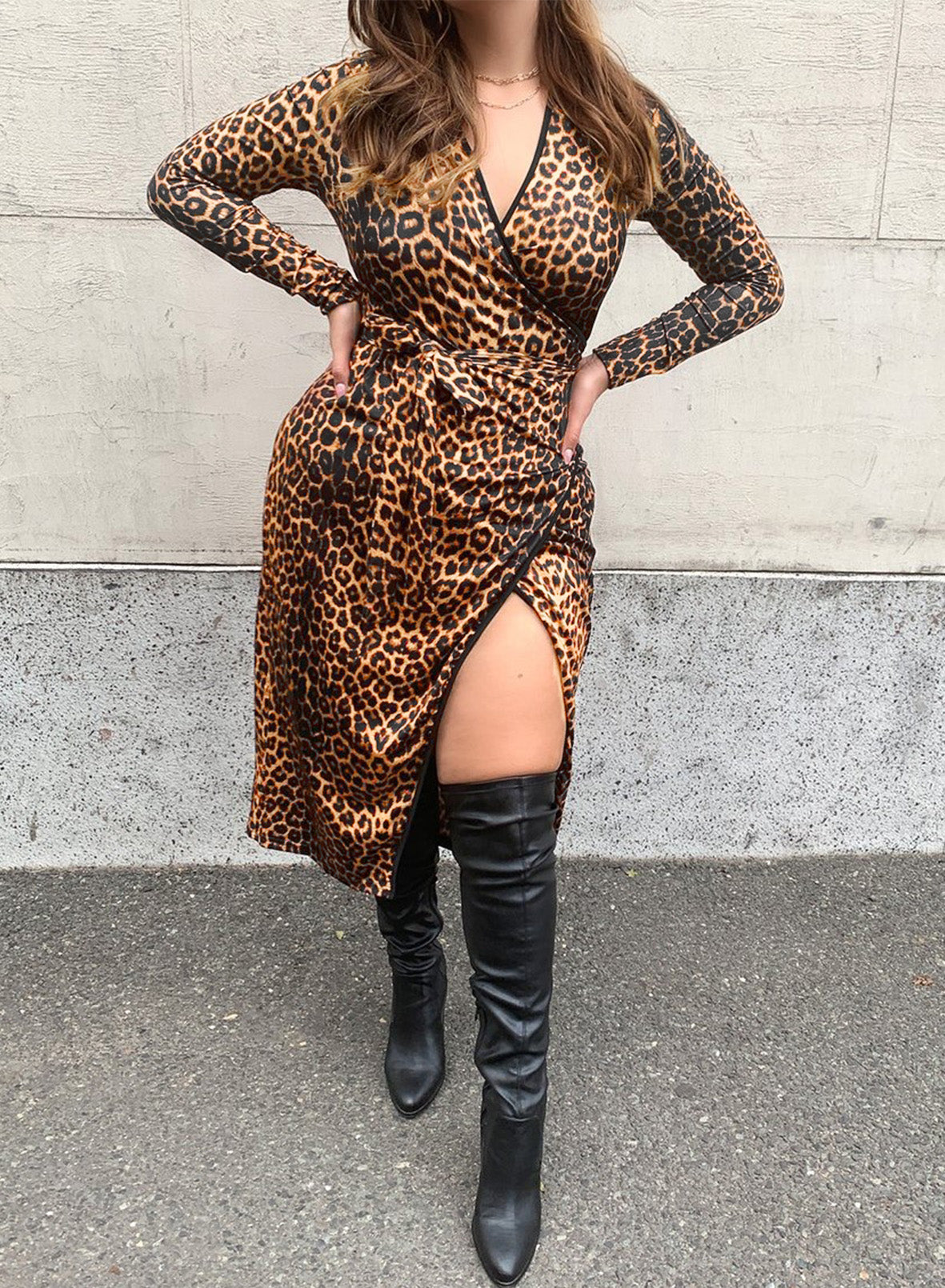 Brown Leopard Wrap V Neck Plus size Dress with A Slit-9