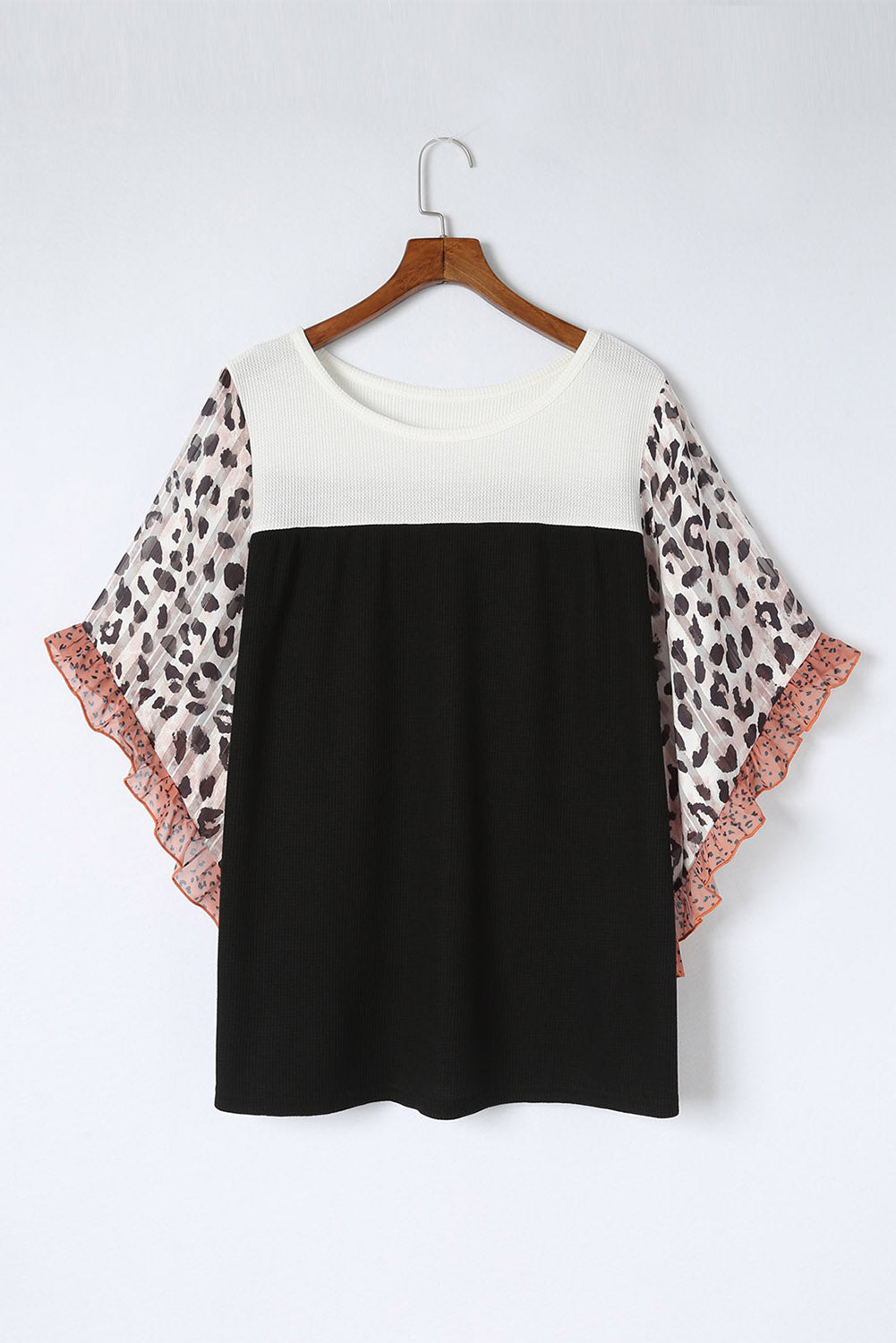 Black Waffle Knit Animal Print Ruffle Sleeves Plus Size Top-8