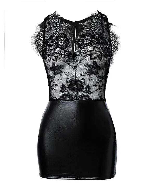 Contrast Lace Sleeveless PU Leather Bodycon Dress