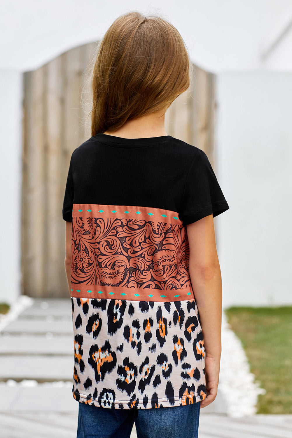 Brown Print Leopard Colorblock Girls' T-shirt-1