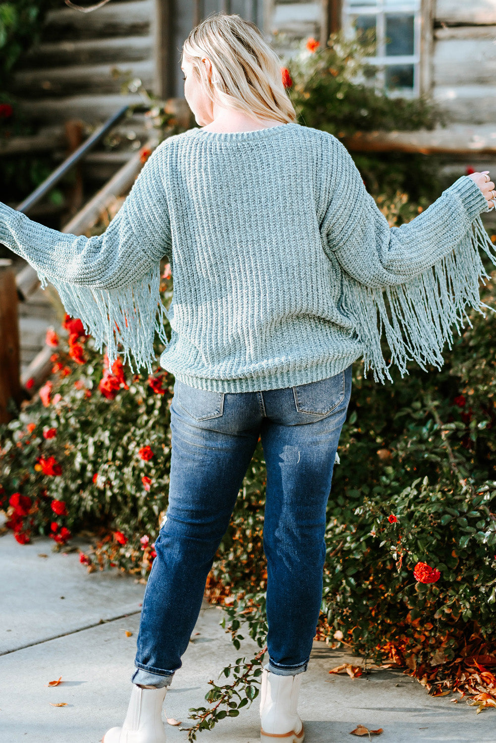 Gray Plus Size Fringed Long Sleeve Knit Sweater-6