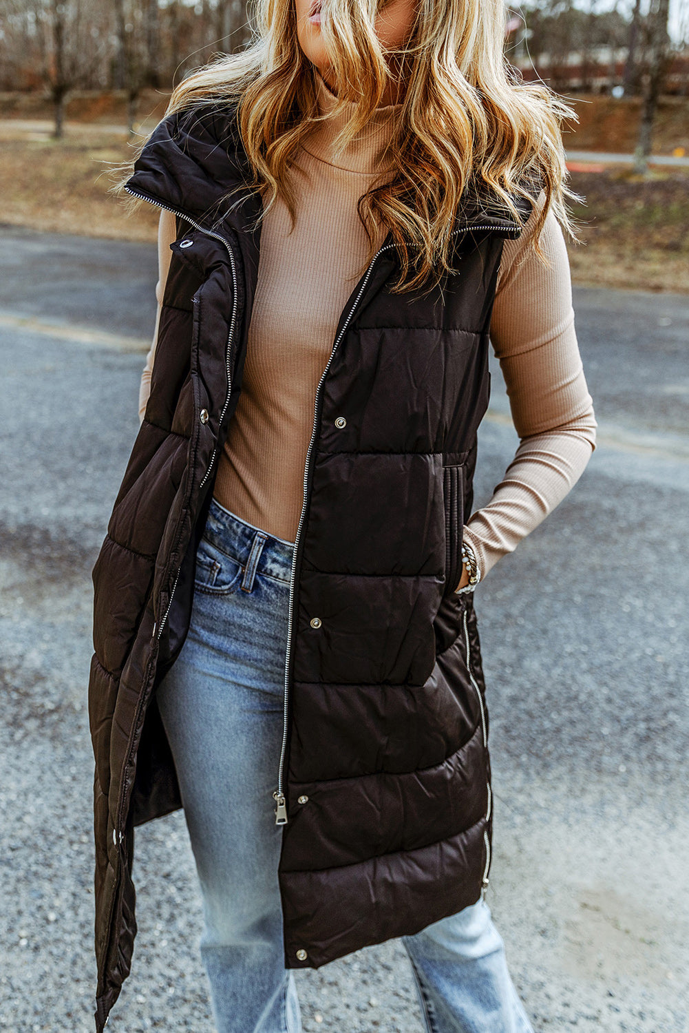 Black Hooded Long Quilted Vest Coat-4