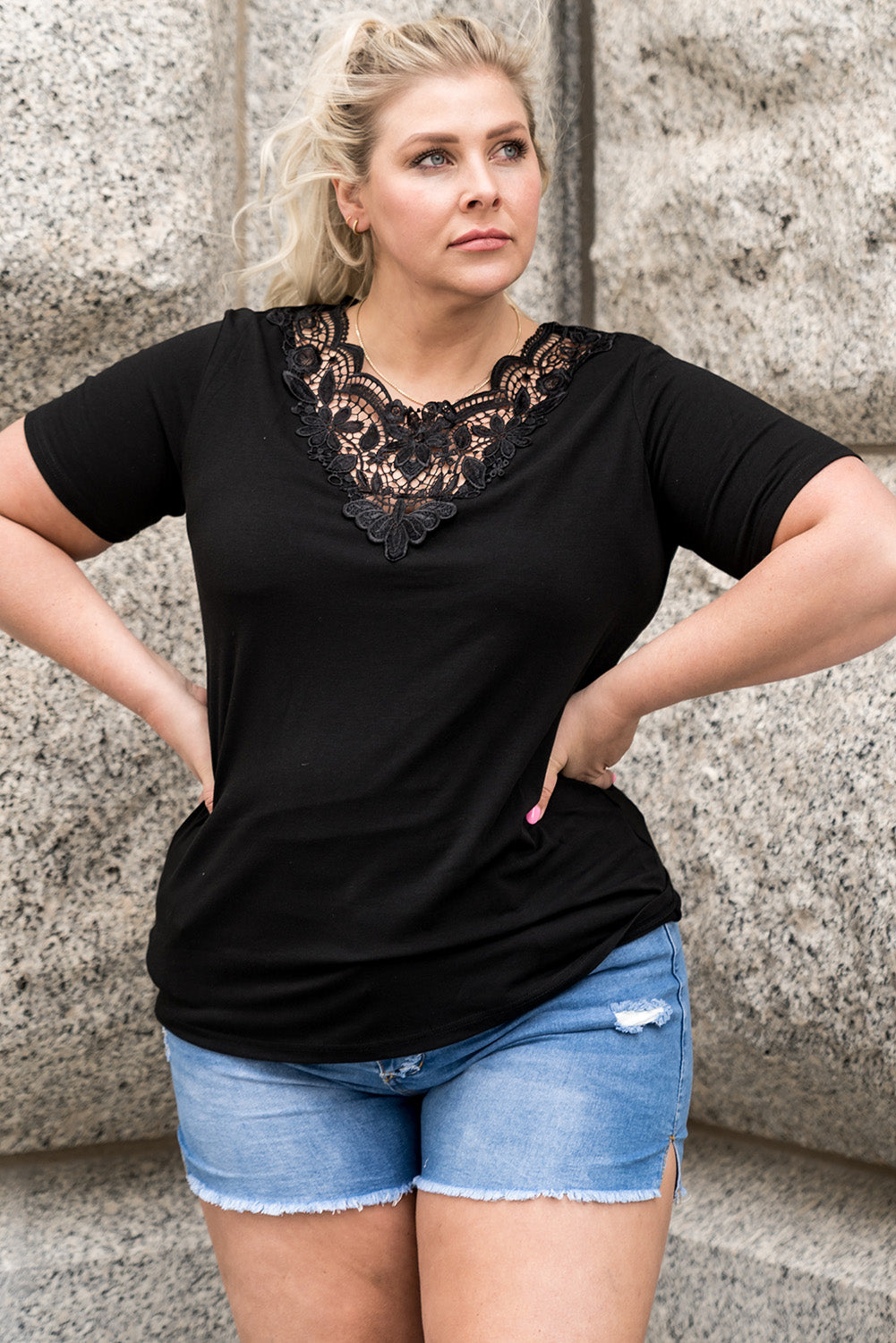 Black Plus Size Crochet Stitching Short Sleeve Top-4