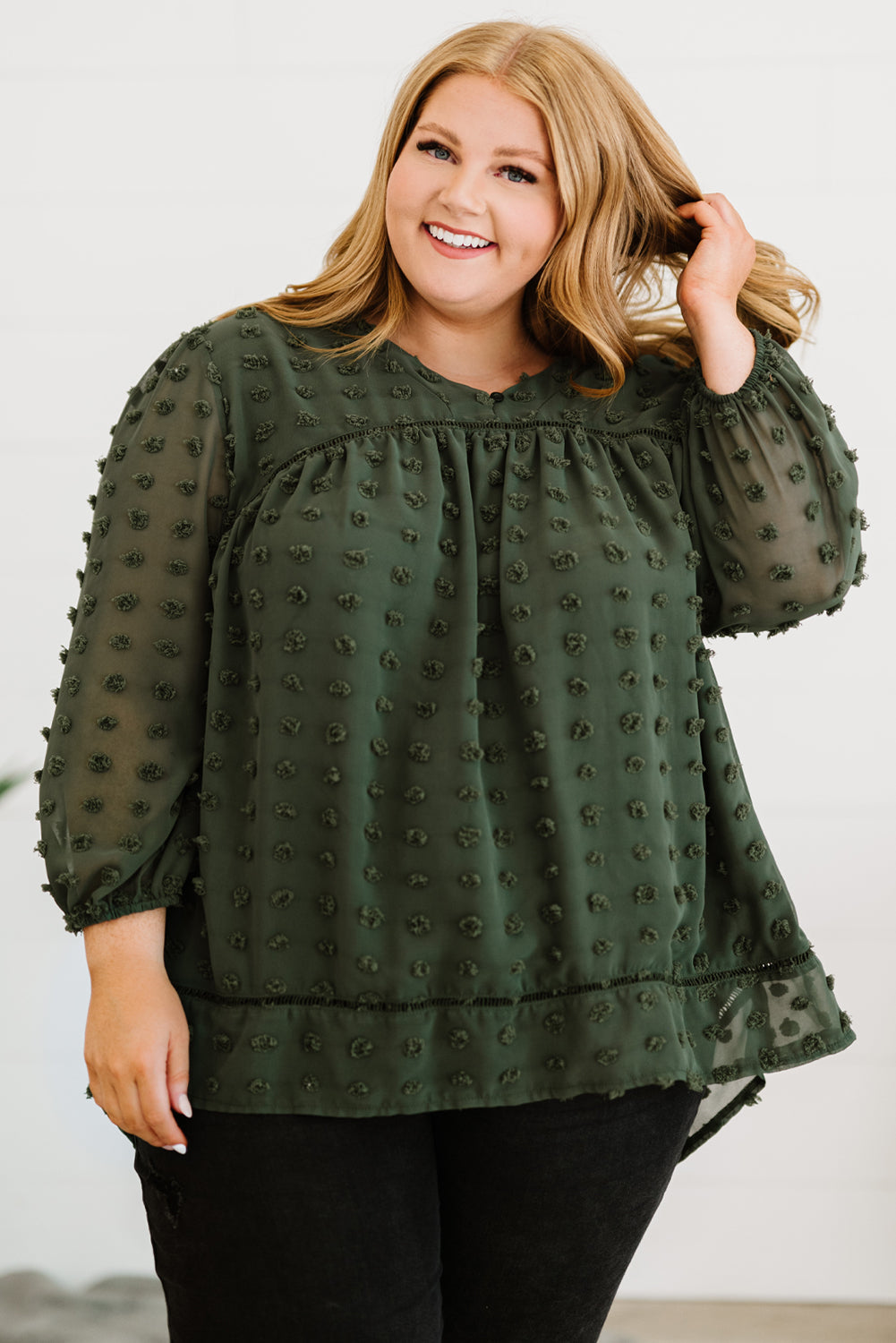 Green Boho V Neck Swiss Dot Bishop Sleeve Plus Size Blouse-3