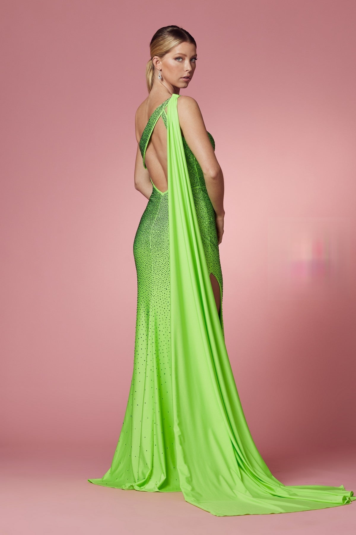 One Shoulder High Slit Embellished Jewel Long Prom & Evening Dress NXE1039-3