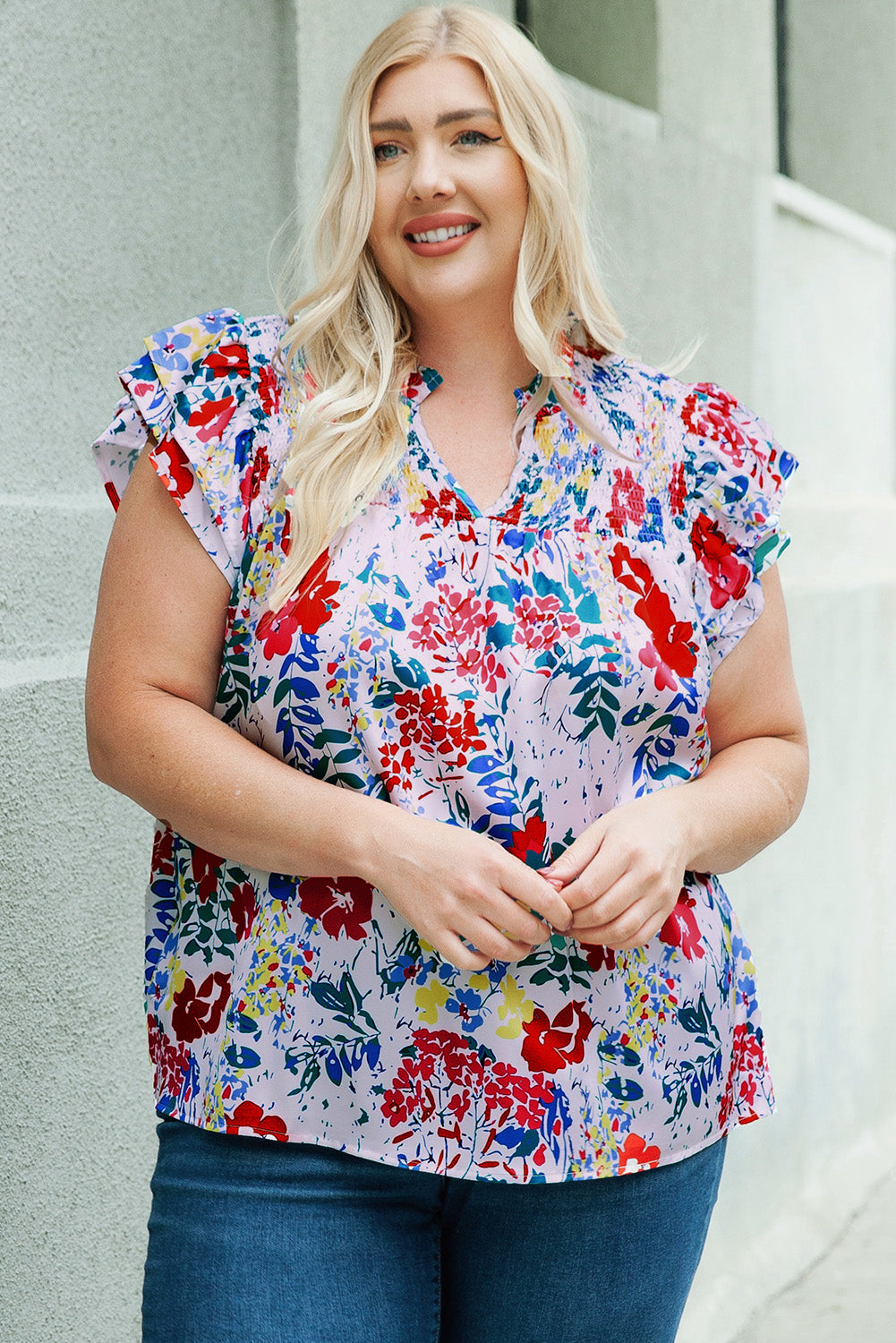 Red Plus Floral Print Ruffle Cap Sleeve V Neck Blouse-3