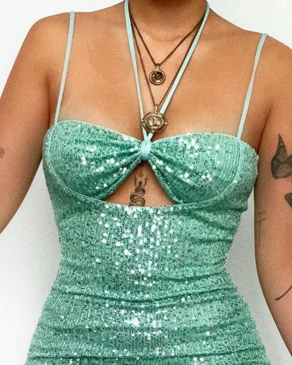 Cutout Ruched Bust Halter Sequin Dress