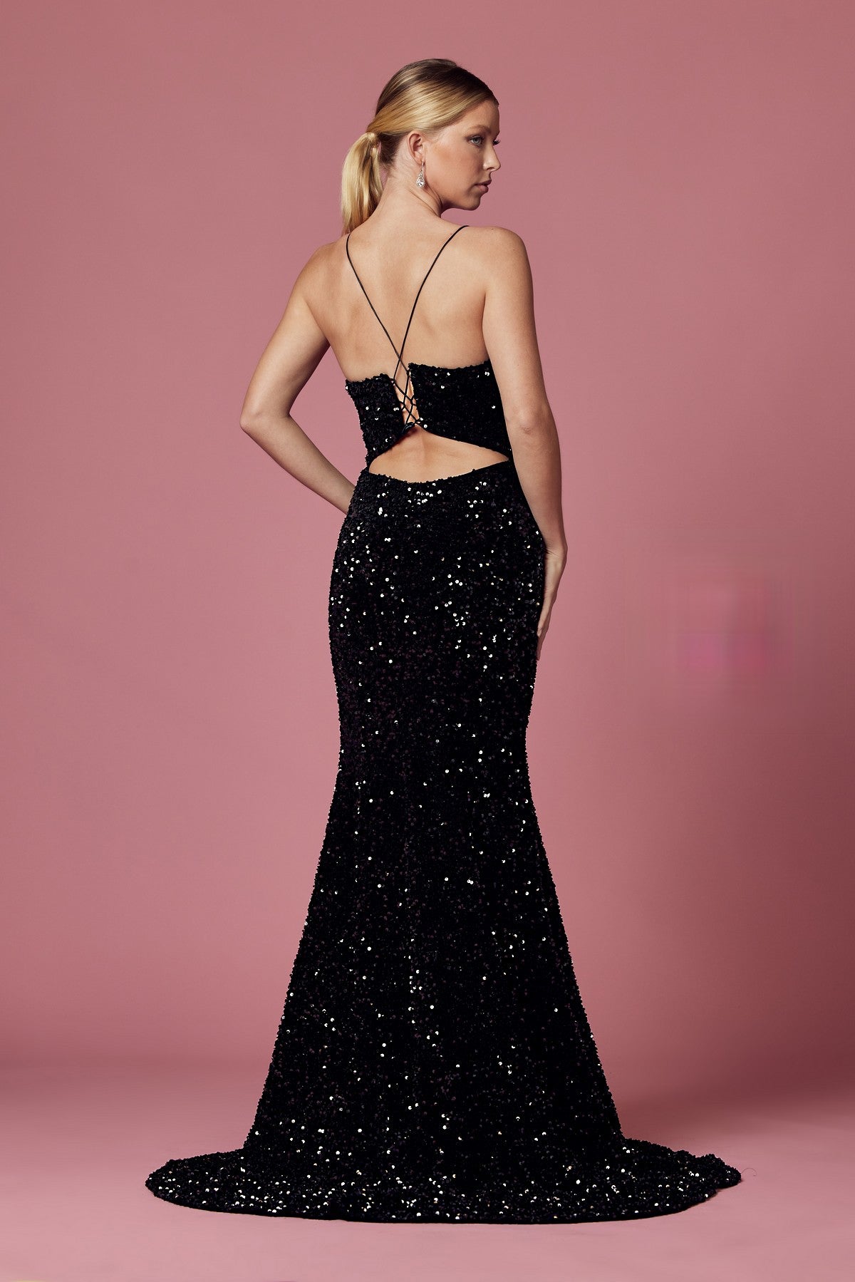 Plunging Neckline Fitted Bodice Velvet Sequince Trumpet Long Prom Dress NXR433-6