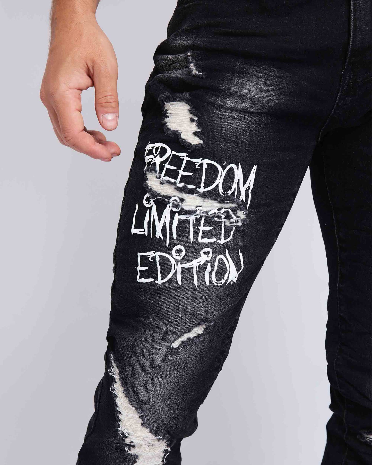 Gothic Graffiti Slim Fit Ripped Black Jeans