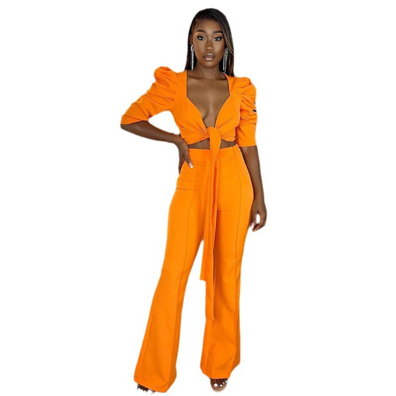 Women's autumn and winter new sexy bubble sleeve low neck short top high waist pants suit