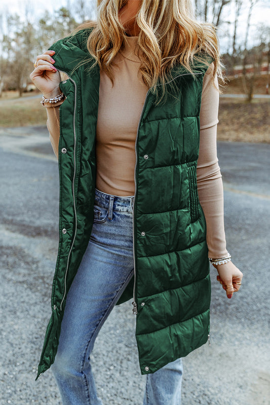 Green Hooded Long Quilted Vest Coat-0