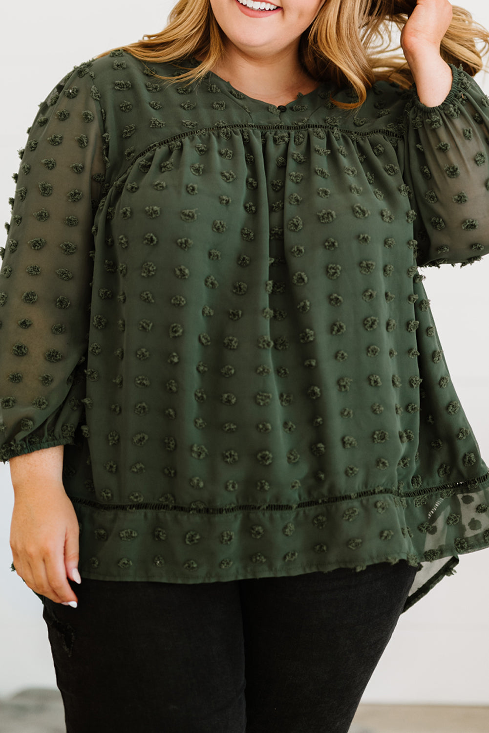 Green Boho V Neck Swiss Dot Bishop Sleeve Plus Size Blouse-0