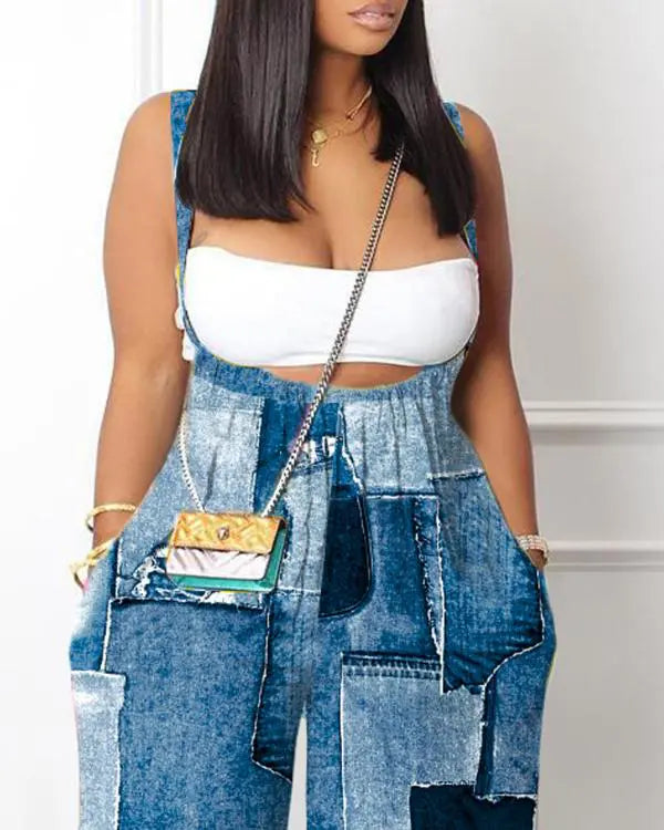 Denim Look Print Wide Leg Suspender Jumpsuit