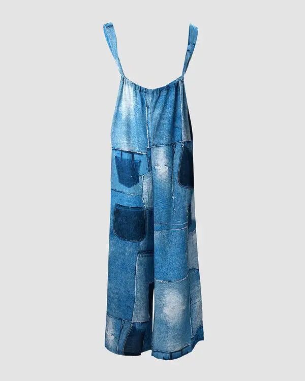 Denim Look Print Wide Leg Suspender Jumpsuit