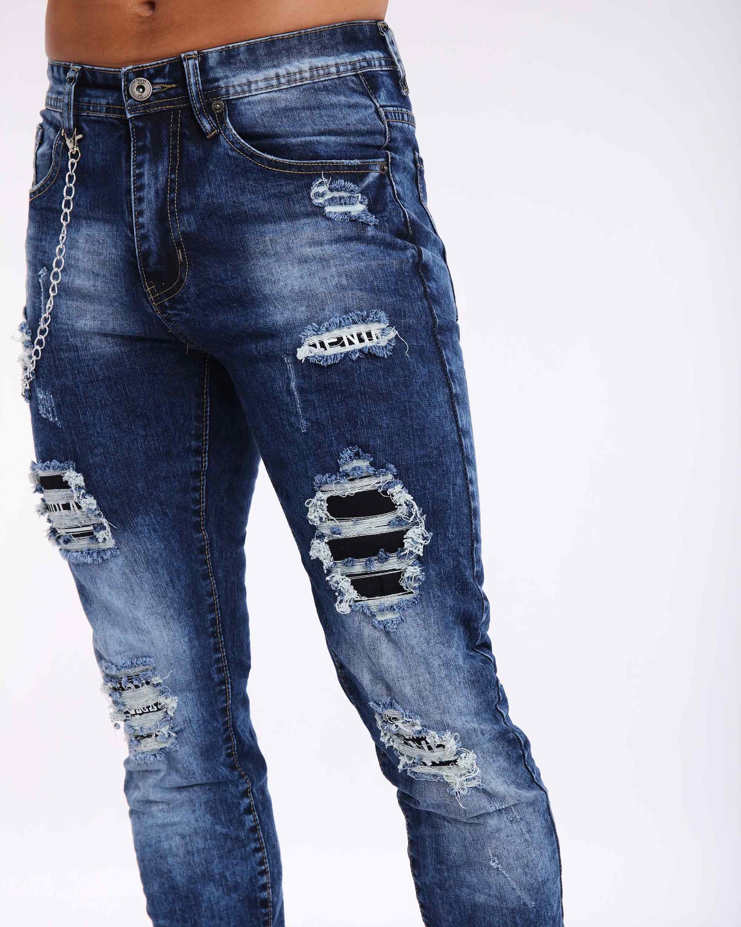 Dark Wash Slim Fit Blue Ripped Jeans