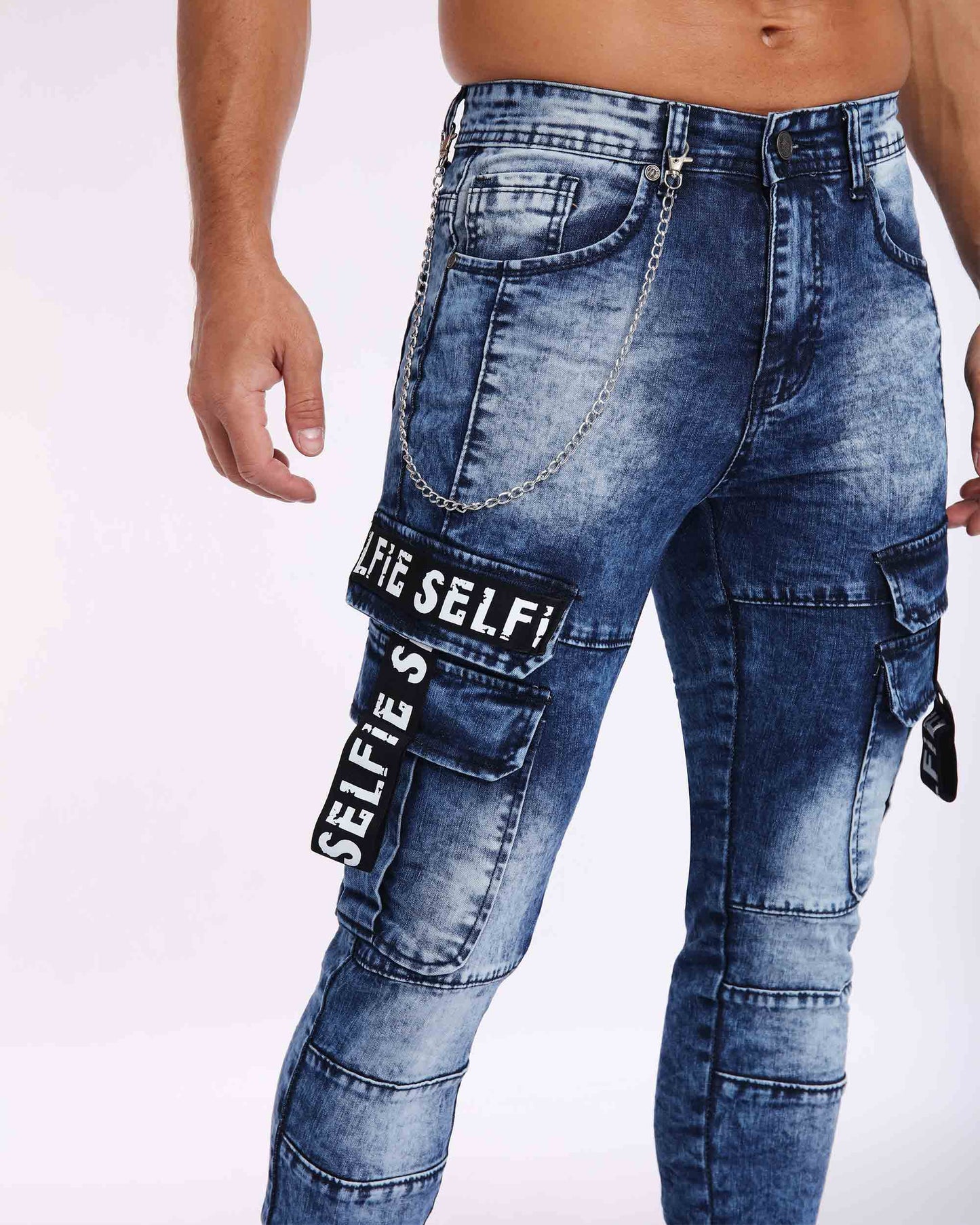 Printed Webbing Workwear Slim Fit Blue Jeans