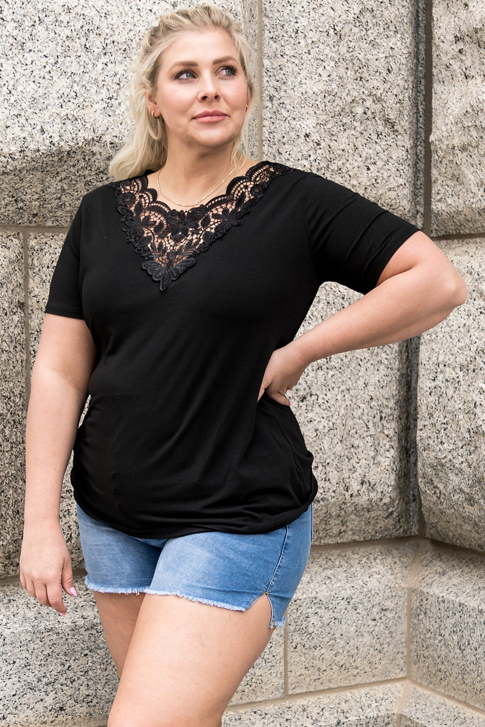 Black Plus Size Crochet Stitching Short Sleeve Top-6