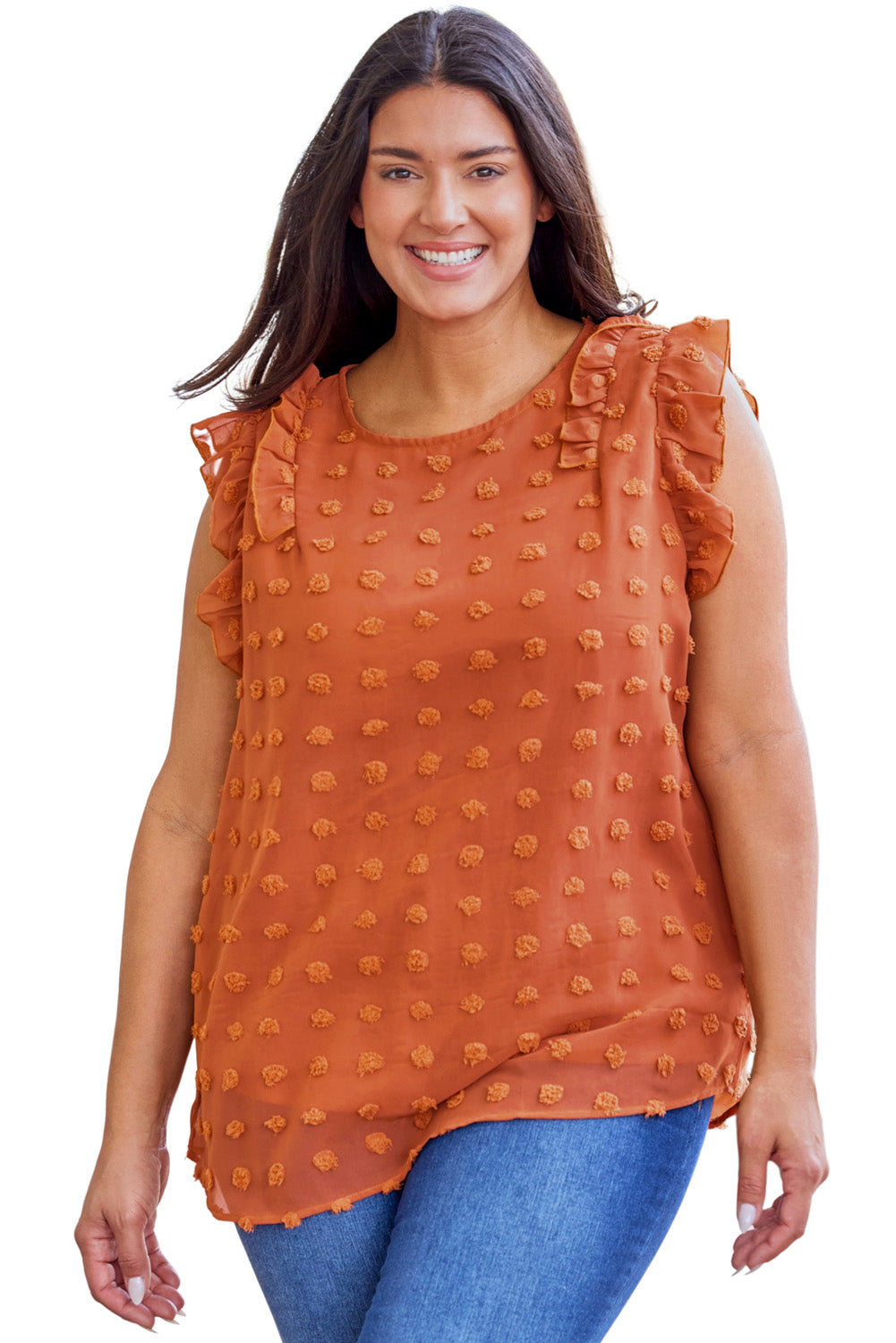 Orange Sheer Ruffle Detail Swiss Dot Curvy Tank Top-7