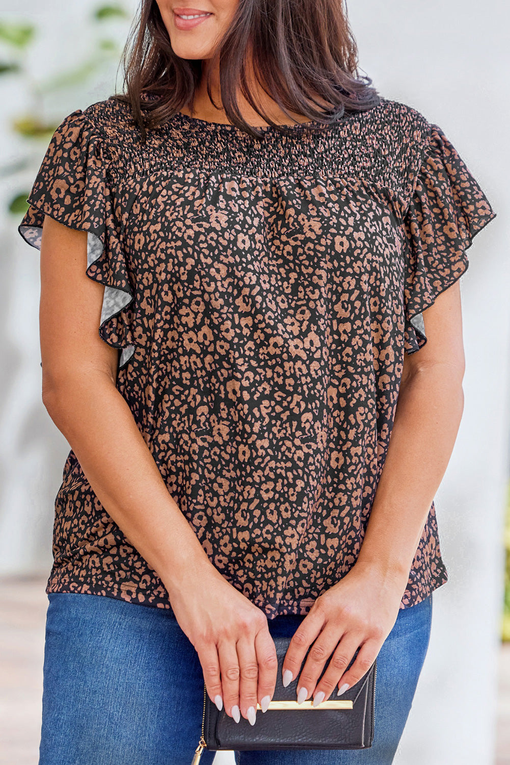 Black Plus Size Smocked Floral Blouse-6