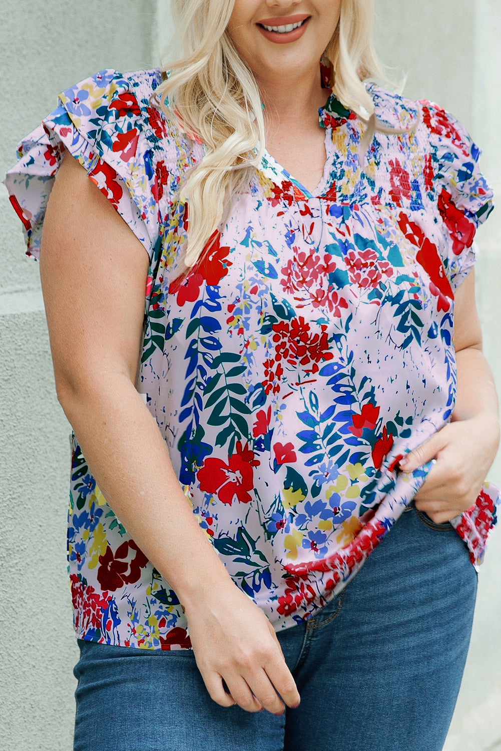 Red Plus Floral Print Ruffle Cap Sleeve V Neck Blouse-6