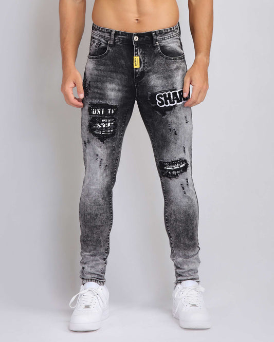 Irregular Wash Ripped Black Jeans with Black Patches