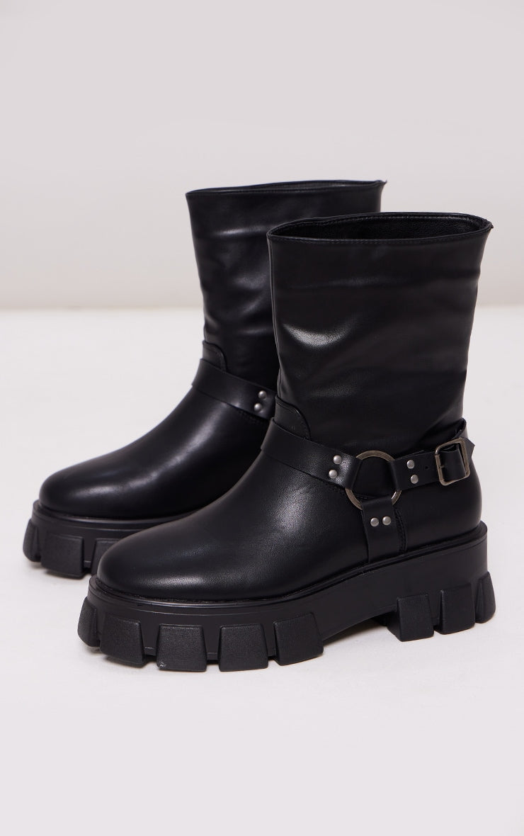 Black Buckle Strap Detail Chunky Cleated Sole Ankle Boots