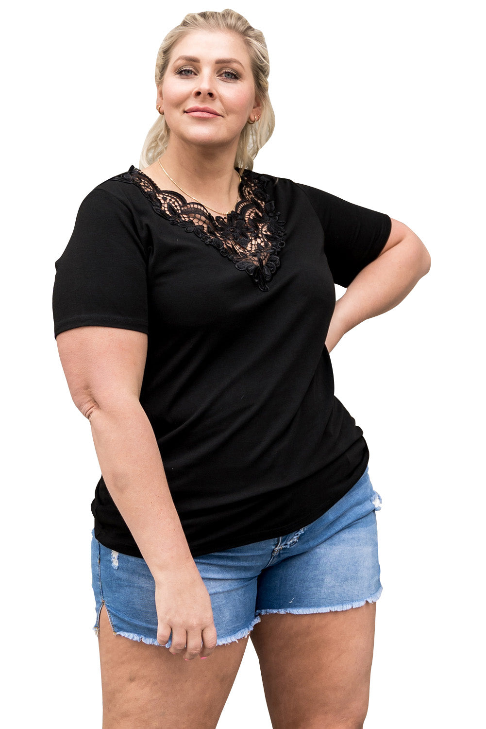 Black Plus Size Crochet Stitching Short Sleeve Top-9