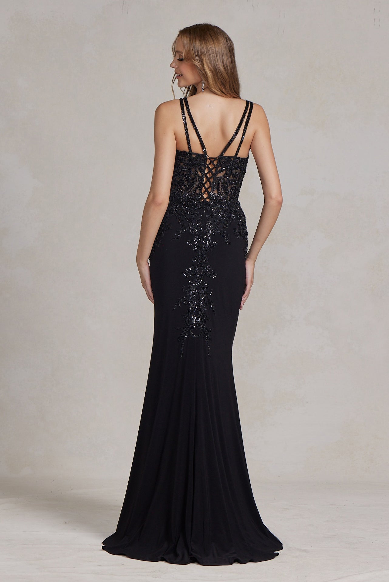 Double Spaghetti Straps Embroidered Bodice Long Evening Dress NXH1090-6