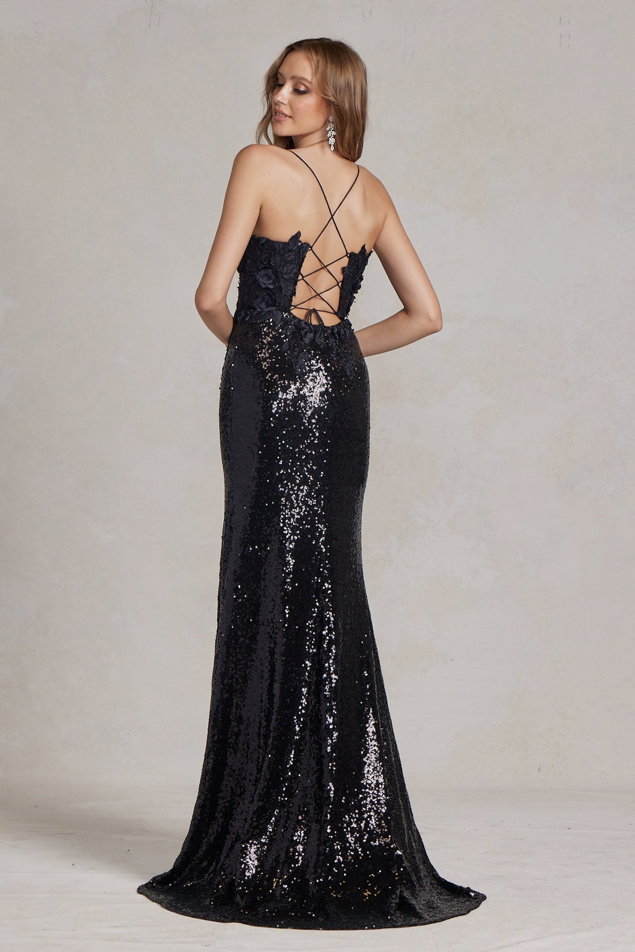 Side Slit Embroidered Applique Illusion V-Neck Long Evening Dress NXR1207-10